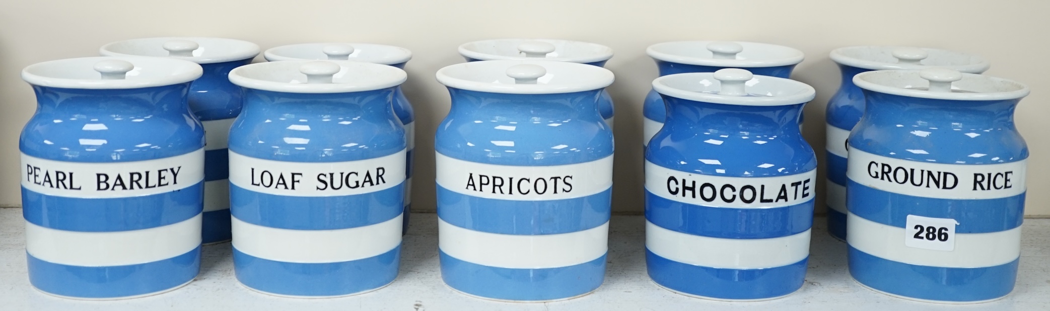 T.G.Green Cornish Kitchenware, nine 14cm lidded storage jars, comprising Pearl Barley, Coffee, Loaf Sugar, Figs, Apricots, Caster Sugar, Cocoa Nut, Coffee Sugar and Ground Rice, together with a 13.5cm Chocolate lidded st